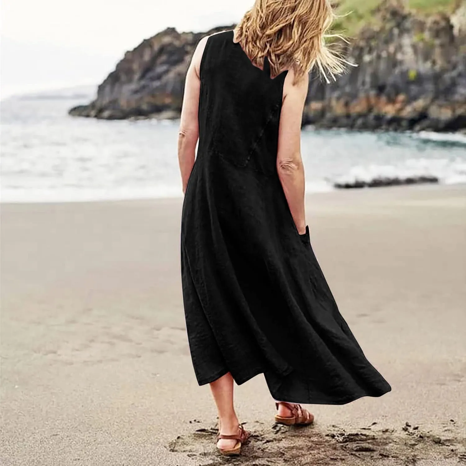Women's Maxi Dresses 2024 Casual Summer Sleeveless Solid Color Casual Loose Swing Maxi Dresses with, S-5XL