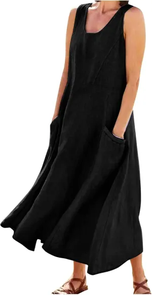 Women's Maxi Dresses 2024 Casual Summer Sleeveless Solid Color Casual Loose Swing Maxi Dresses with, S-5XL