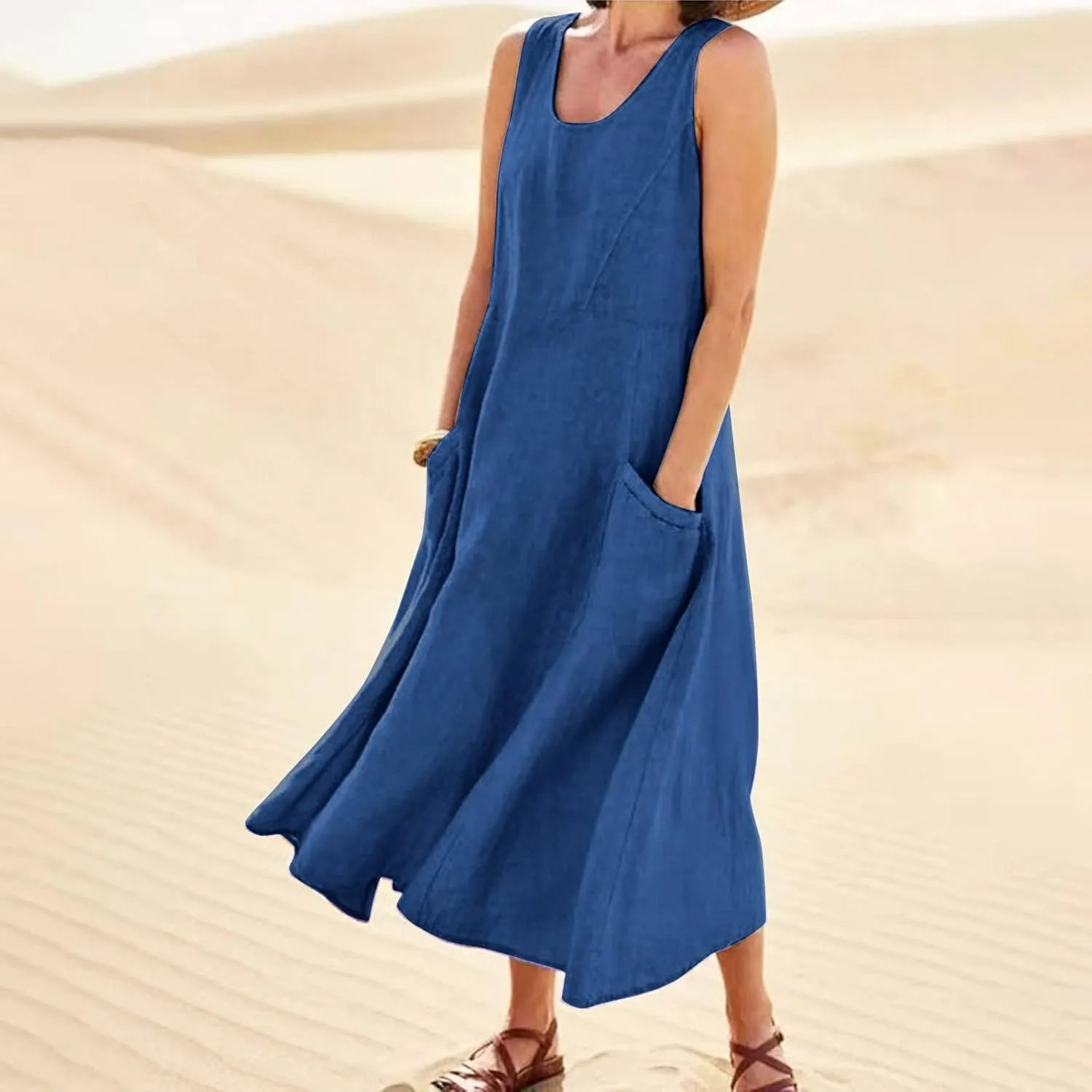 Women's Maxi Dresses 2024 Casual Summer Sleeveless Solid Color Casual Loose Swing Maxi Dresses with, S-5XL