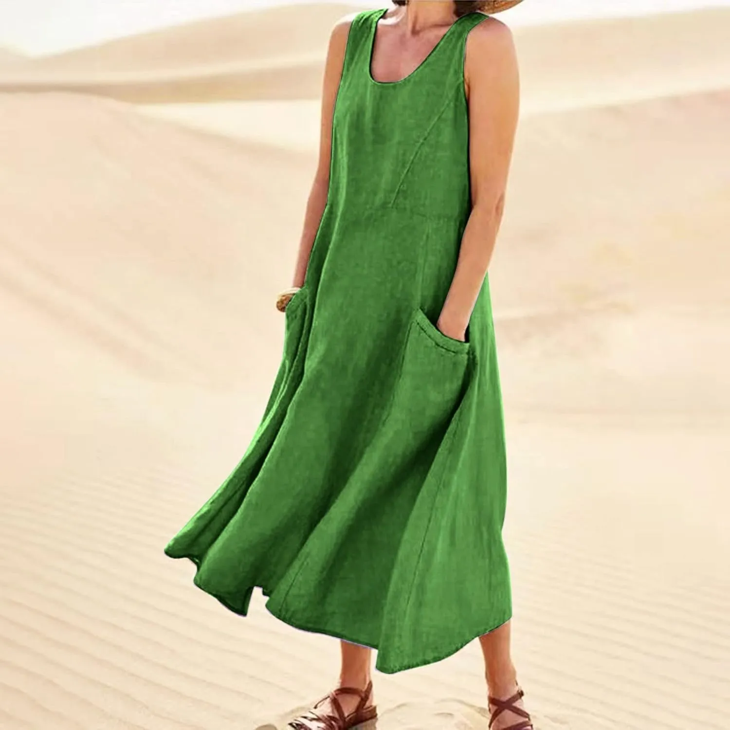 Women's Maxi Dresses 2024 Casual Summer Sleeveless Solid Color Casual Loose Swing Maxi Dresses with, S-5XL