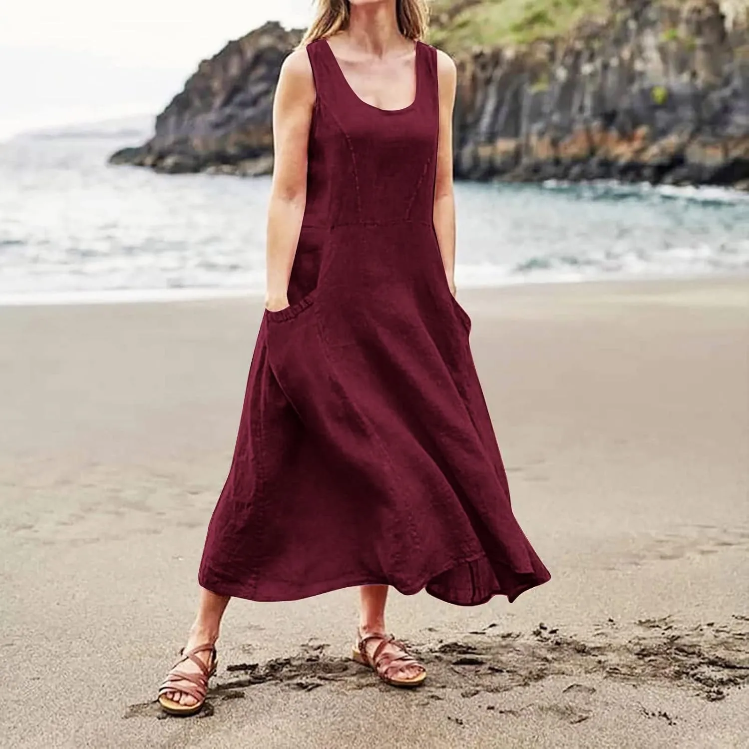 Women's Maxi Dresses 2024 Casual Summer Sleeveless Solid Color Casual Loose Swing Maxi Dresses with, S-5XL