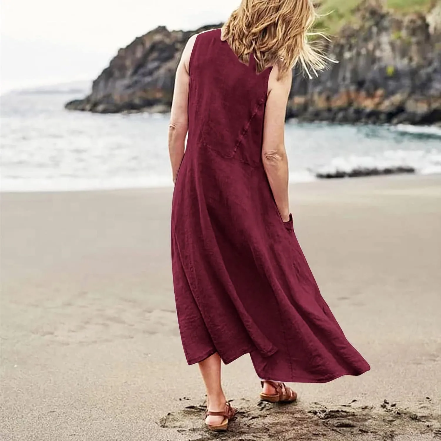 Women's Maxi Dresses 2024 Casual Summer Sleeveless Solid Color Casual Loose Swing Maxi Dresses with, S-5XL