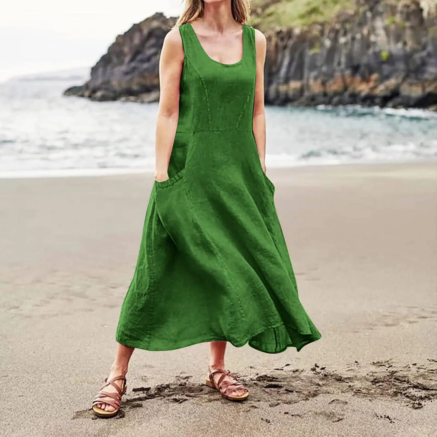 Women's Maxi Dresses 2024 Casual Summer Sleeveless Solid Color Casual Loose Swing Maxi Dresses with, S-5XL