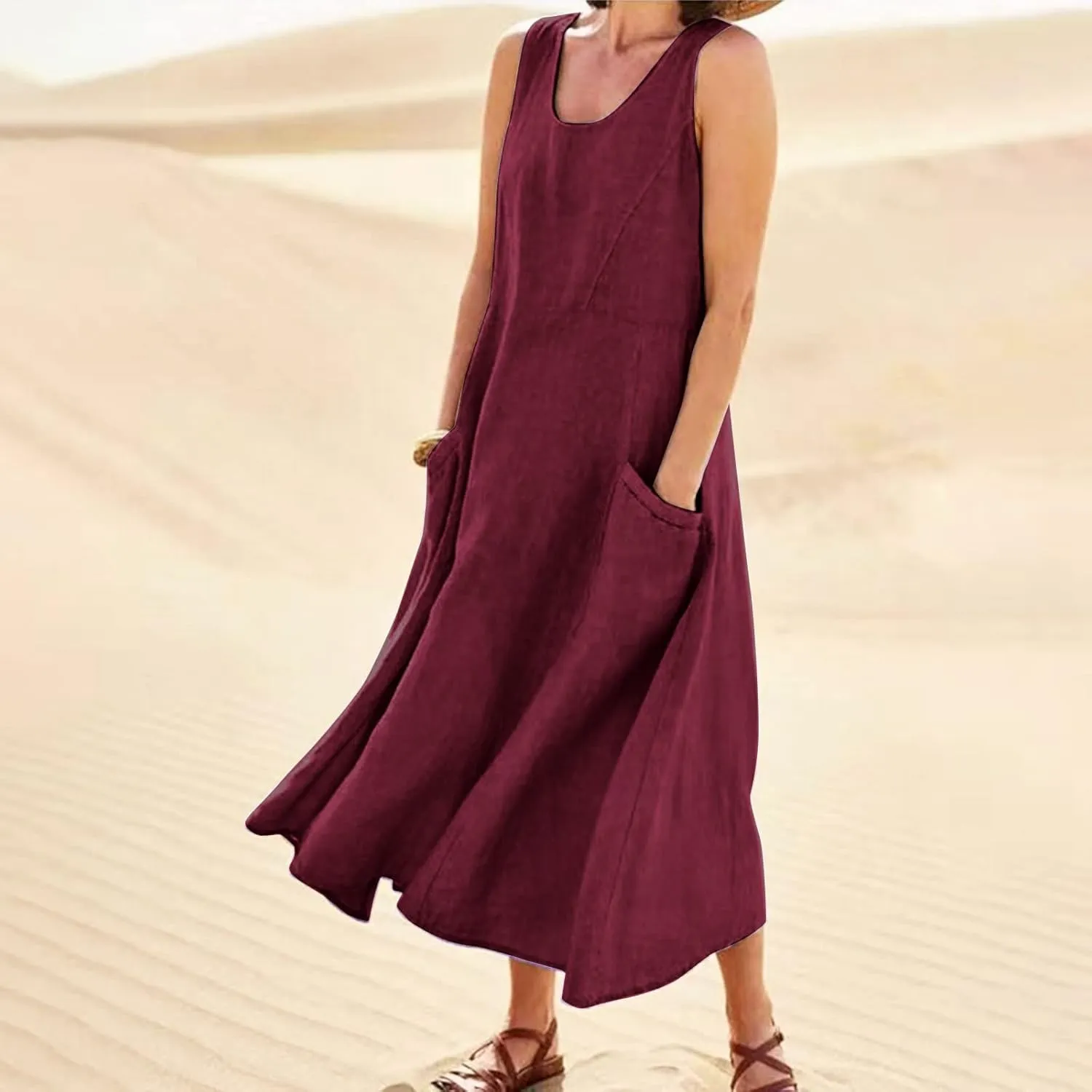 Women's Maxi Dresses 2024 Casual Summer Sleeveless Solid Color Casual Loose Swing Maxi Dresses with, S-5XL