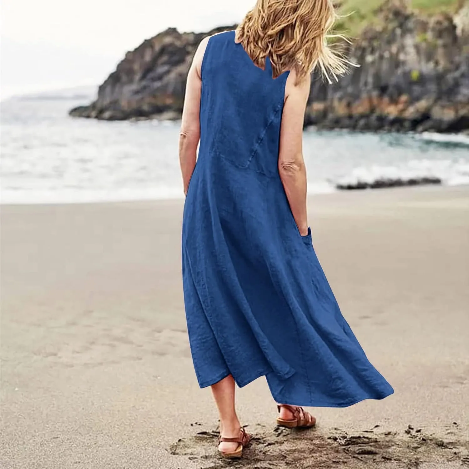 Women's Maxi Dresses 2024 Casual Summer Sleeveless Solid Color Casual Loose Swing Maxi Dresses with, S-5XL