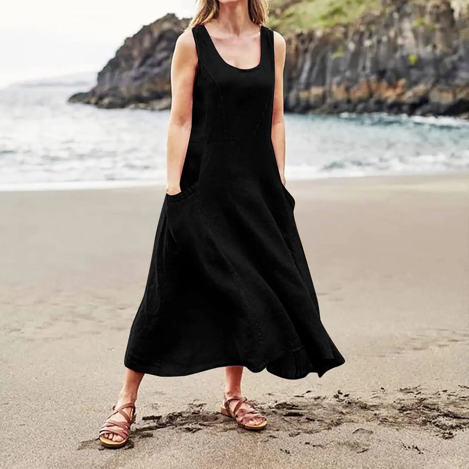 Women's Maxi Dresses 2024 Casual Summer Sleeveless Solid Color Casual Loose Swing Maxi Dresses with, S-5XL