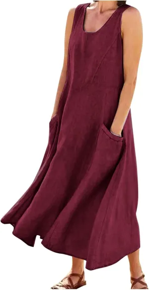 Women's Maxi Dresses 2024 Casual Summer Sleeveless Solid Color Casual Loose Swing Maxi Dresses with, S-5XL