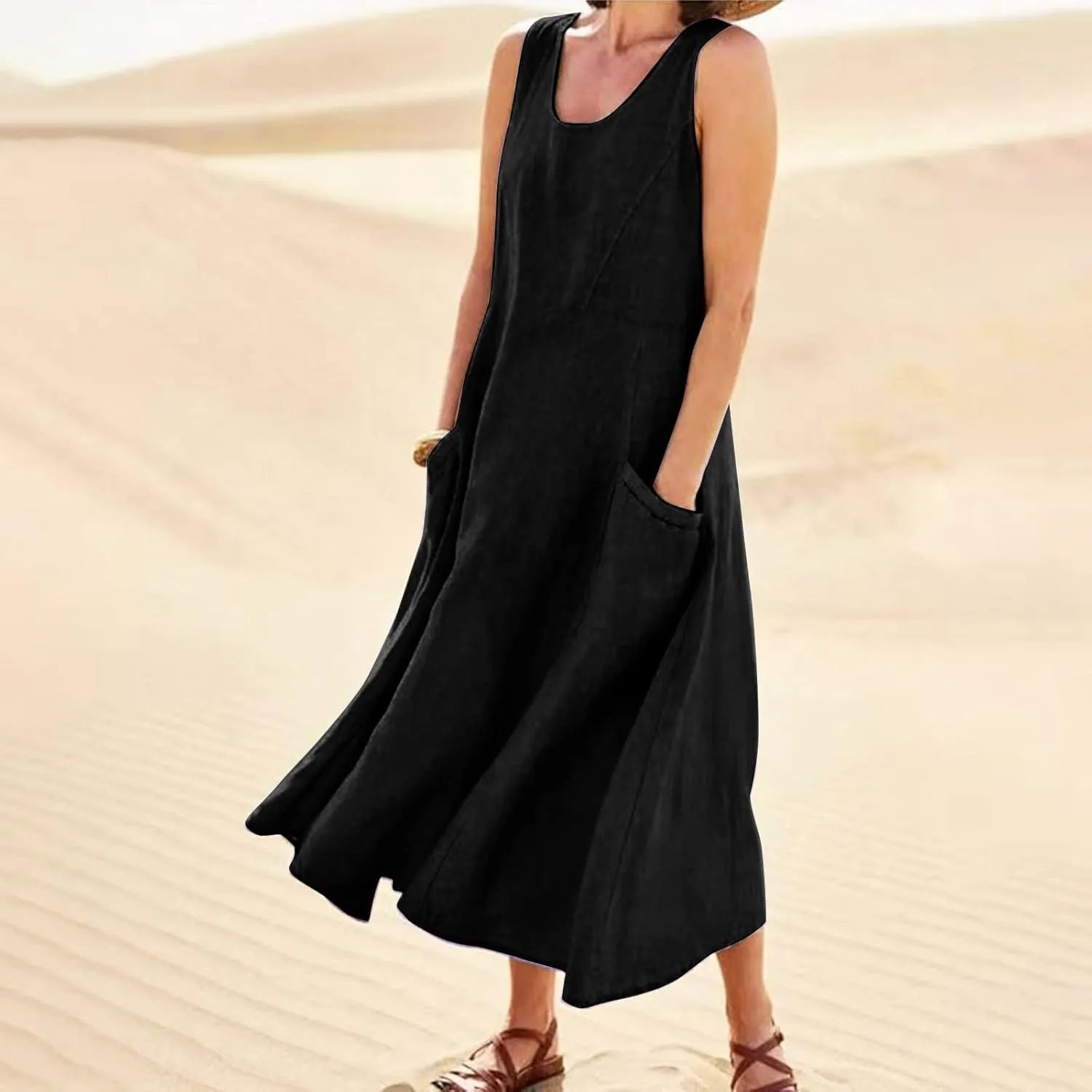 Women's Maxi Dresses 2024 Casual Summer Sleeveless Solid Color Casual Loose Swing Maxi Dresses with, S-5XL