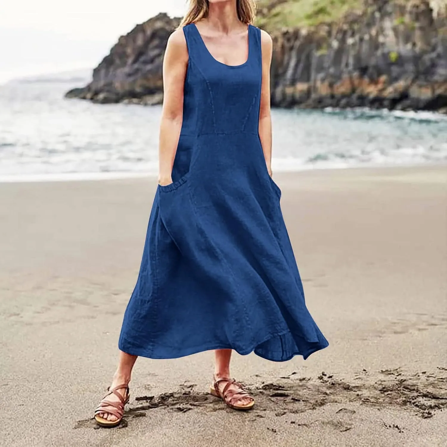 Women's Maxi Dresses 2024 Casual Summer Sleeveless Solid Color Casual Loose Swing Maxi Dresses with, S-5XL