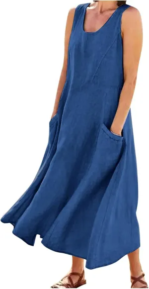 Women's Maxi Dresses 2024 Casual Summer Sleeveless Solid Color Casual Loose Swing Maxi Dresses with, S-5XL