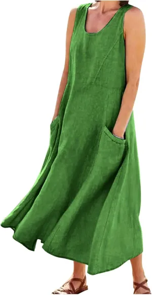 Women's Maxi Dresses 2024 Casual Summer Sleeveless Solid Color Casual Loose Swing Maxi Dresses with, S-5XL