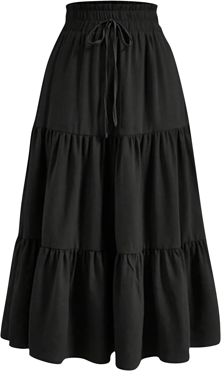 Womens Maxi Skirt Drawstring High Waisted Summer Long Skirts Lightweight Tiered Flowy Floral Pleated Skirts w/Pockets