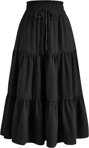 Womens Maxi Skirt Drawstring High Waisted Summer Long Skirts Lightweight Tiered Flowy Floral Pleated Skirts w/Pockets