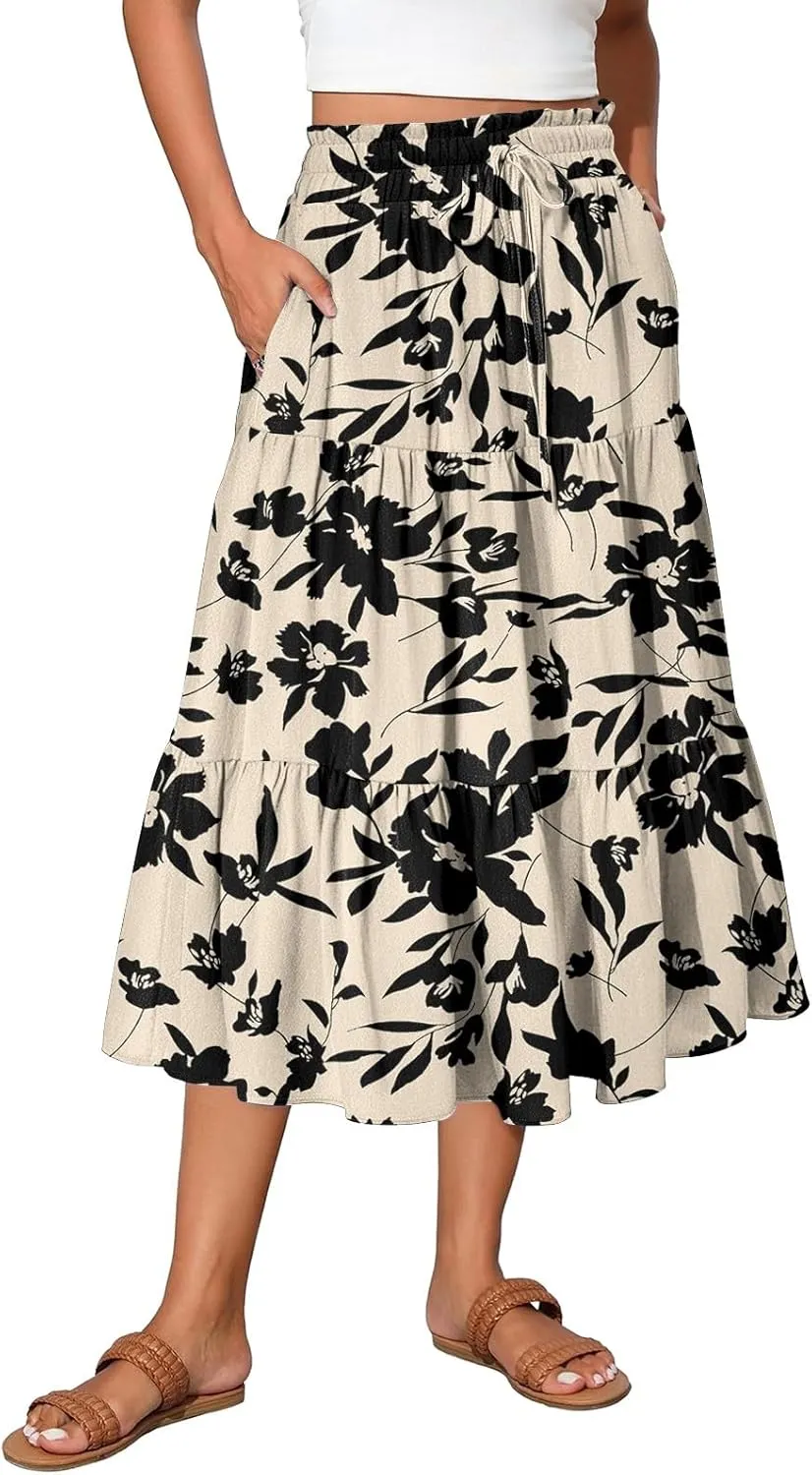 Womens Maxi Skirt Drawstring High Waisted Summer Skirts Lightweight Tiered Flowy Floral Pleated Skirts with Pockets