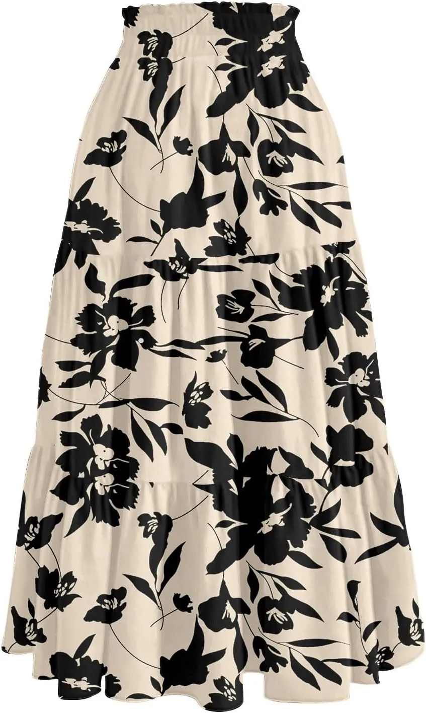 Womens Maxi Skirt Drawstring High Waisted Summer Skirts Lightweight Tiered Flowy Floral Pleated Skirts with Pockets
