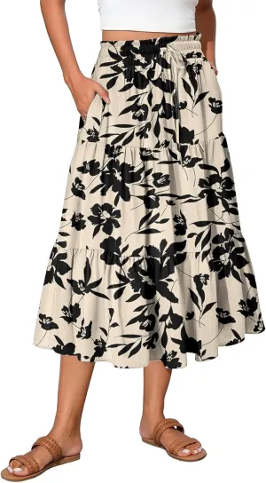 Womens Maxi Skirt Drawstring High Waisted Summer Skirts Lightweight Tiered Flowy Floral Pleated Skirts with Pockets