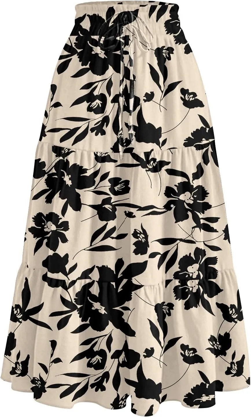 Womens Maxi Skirt Drawstring High Waisted Summer Skirts Lightweight Tiered Flowy Floral Pleated Skirts with Pockets