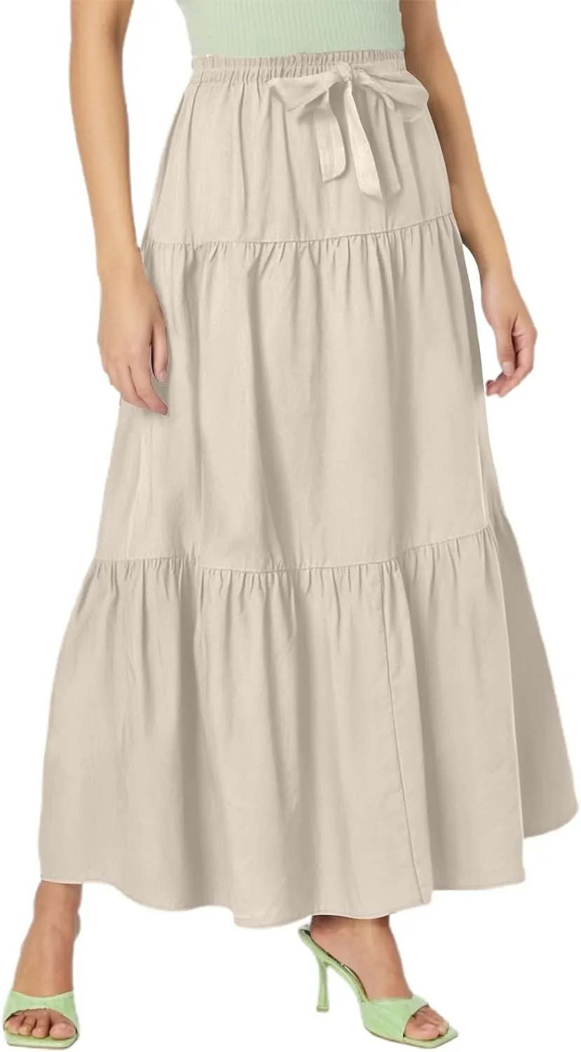 Womens Maxi Skirt High Waisted Elastic Tiered Flowy A-Line Ruffle with Pockets Beach Vacation Casual Comfy Dress