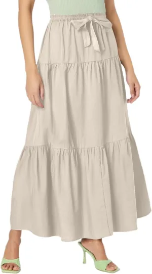 Womens Maxi Skirt High Waisted Elastic Tiered Flowy A-Line Ruffle with Pockets Beach Vacation Casual Comfy Dress