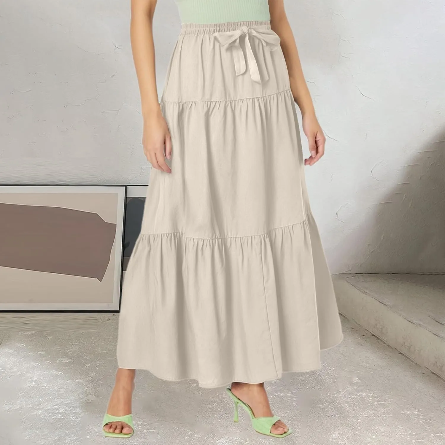 Womens Maxi Skirt High Waisted Elastic Tiered Flowy A-Line Ruffle with Pockets Beach Vacation Casual Comfy Dress