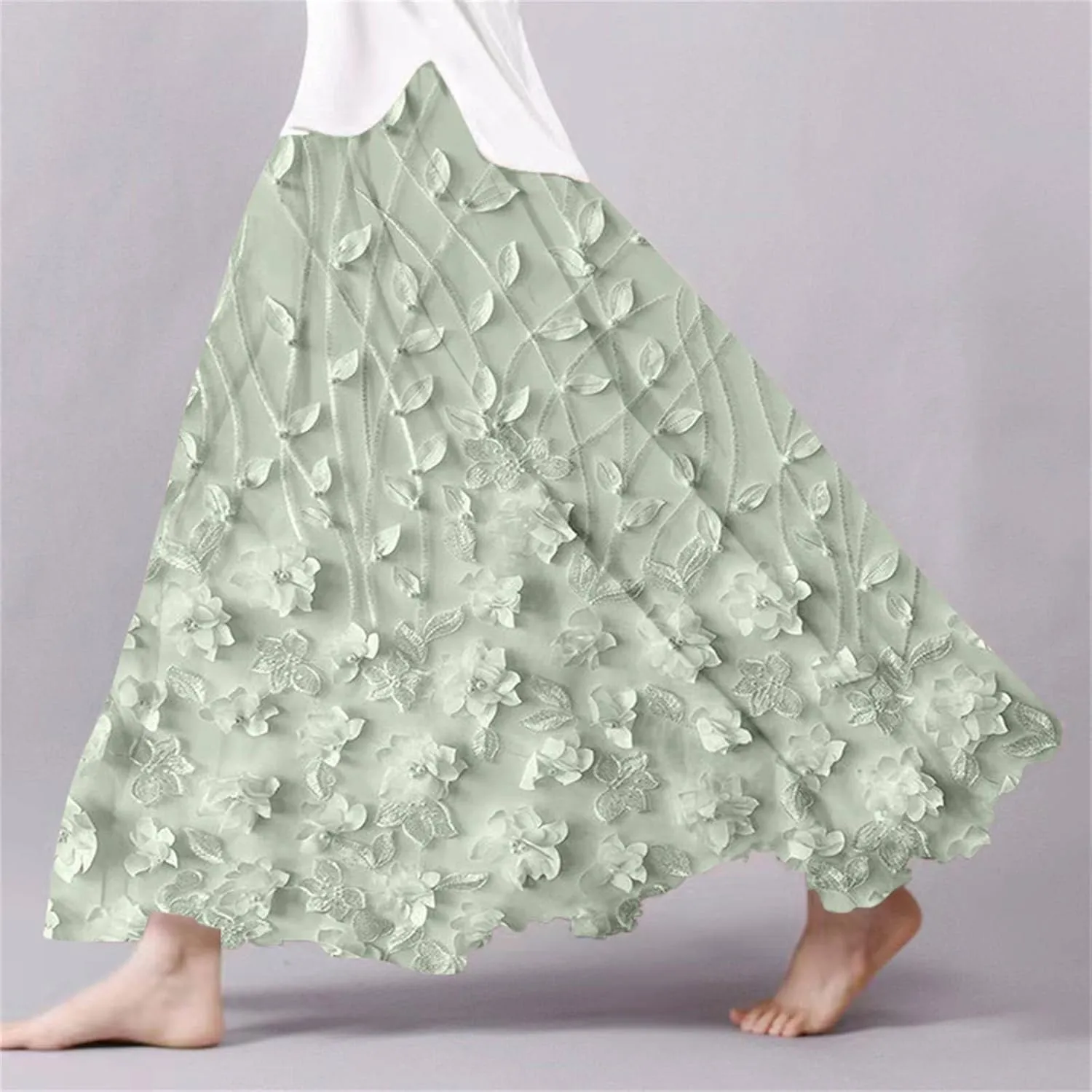 Womens Maxi Skirt Summer Floral Embroidered Lace Printed Boho Easter Long Skirts Flowy Tiered Beach Vacation Dress