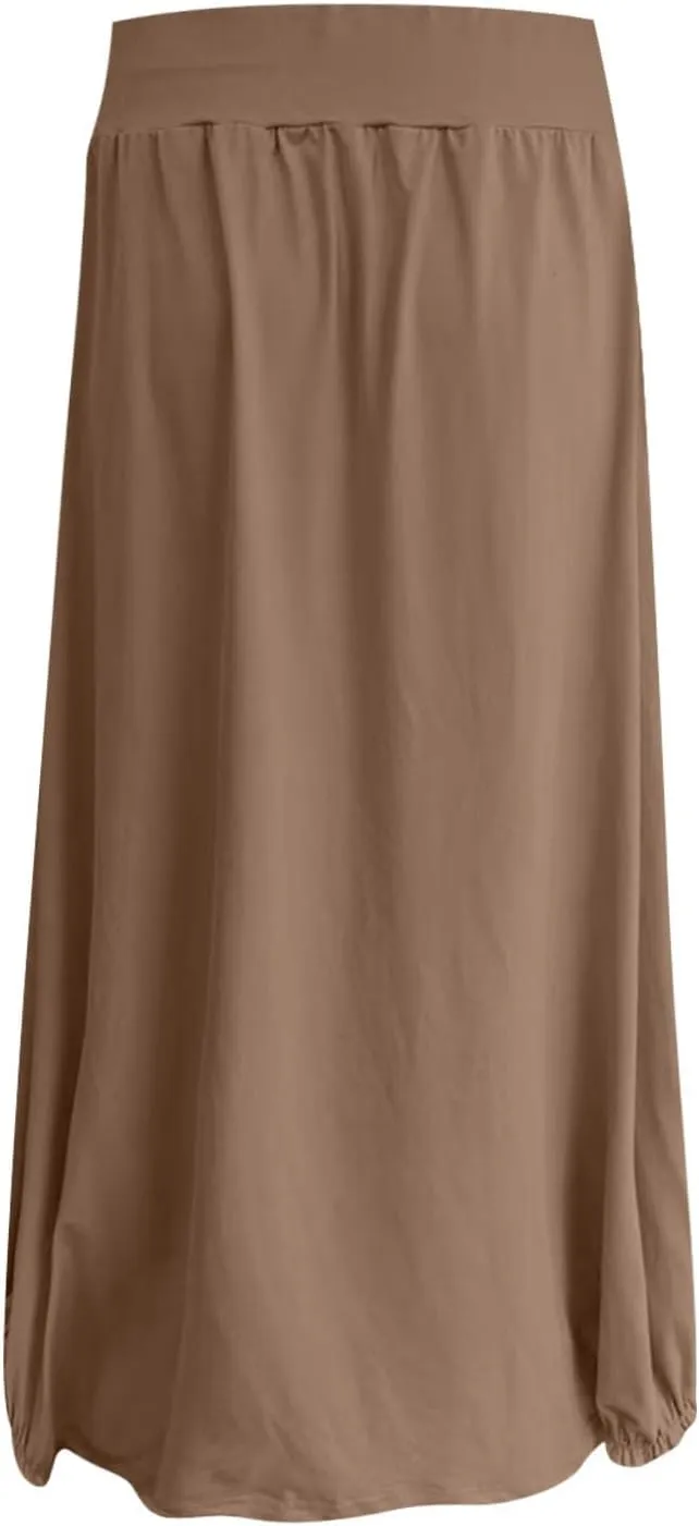 Women's Maxi Skirts 2025 Summer Elastic High Waist Ankle Length Skirt with Pockets Casual Trendy Flowy Beach Skirts