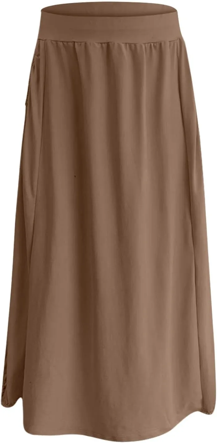 Women's Maxi Skirts 2025 Summer Elastic High Waist Ankle Length Skirt with Pockets Casual Trendy Flowy Beach Skirts