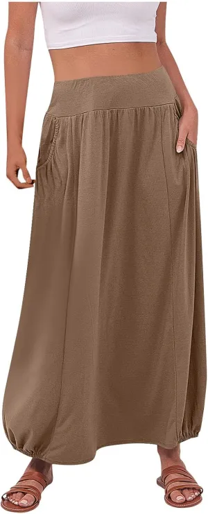 Women's Maxi Skirts 2025 Summer Elastic High Waist Ankle Length Skirt with Pockets Casual Trendy Flowy Beach Skirts