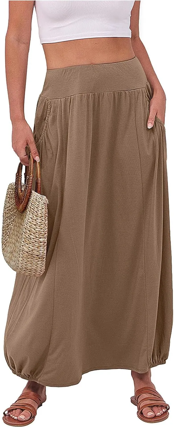 Women's Maxi Skirts 2025 Summer Elastic High Waist Ankle Length Skirt with Pockets Casual Trendy Flowy Beach Skirts