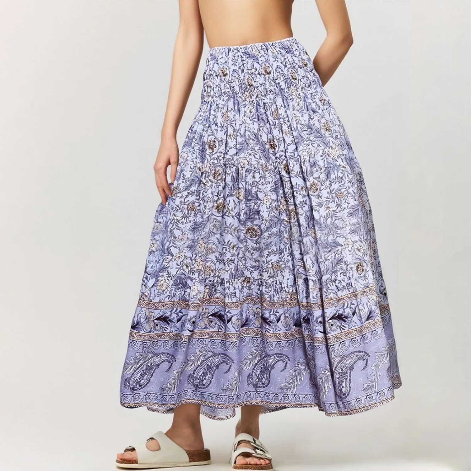 Women's Maxi Skirts Summer Tiered Drawstring Elastic High Waisted Skirt Pleated Aline Skirt Casual Flowy Long Skirt