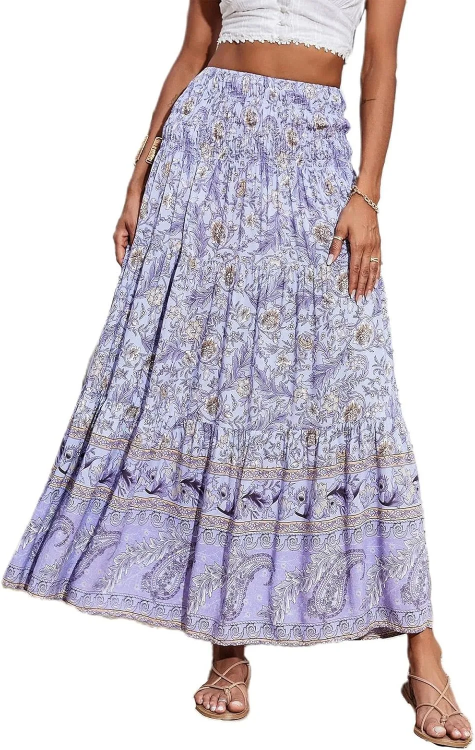 Women's Maxi Skirts Summer Tiered Drawstring Elastic High Waisted Skirt Pleated Aline Skirt Casual Flowy Long Skirt