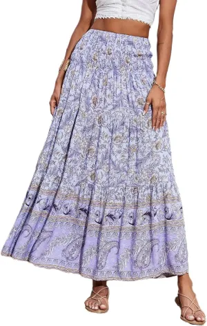 Women's Maxi Skirts Summer Tiered Drawstring Elastic High Waisted Skirt Pleated Aline Skirt Casual Flowy Long Skirt