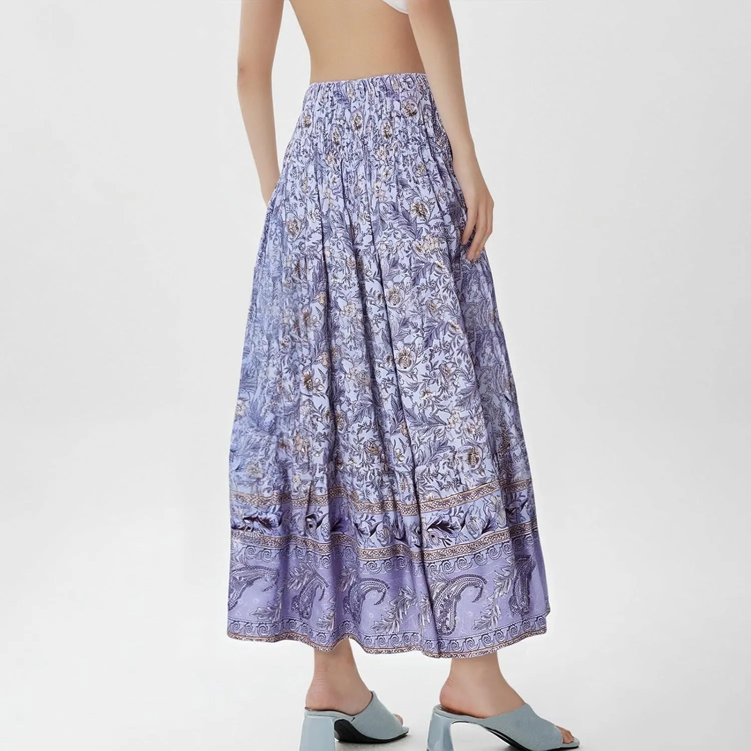 Women's Maxi Skirts Summer Tiered Drawstring Elastic High Waisted Skirt Pleated Aline Skirt Casual Flowy Long Skirt