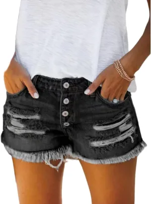 Women's Mid Waisted Denim Shorts Ripped Hem Frayed Distressed Denim Hot Short Summer Jean Shorts