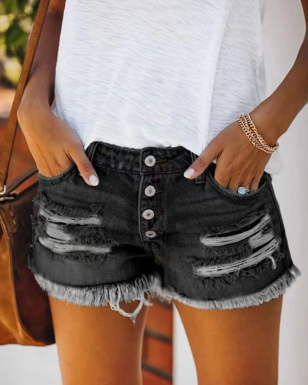 Women's Mid Waisted Denim Shorts Ripped Hem Frayed Distressed Denim Hot Short Summer Jean Shorts