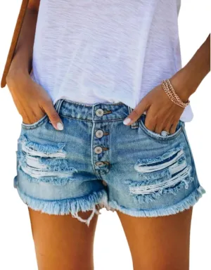 Women's Mid Waisted Denim Shorts Ripped Hem Frayed Distressed Denim Hot Short Summer Jean Shorts