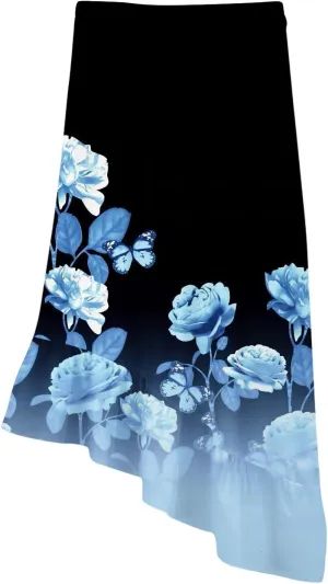 Women's Midi Skirt Boho Floral Maxi Skirt Summer Asymmetrical High Low Hem Flowy Dress Elegant Beach Vacation Clothing