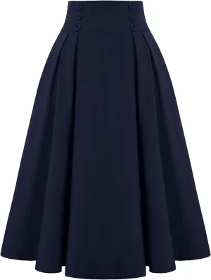 Womens Midi Skirts Vintage High Waist Business Casual Office Wear to Work Pleated A-Line Flared Long Skirt Dresses