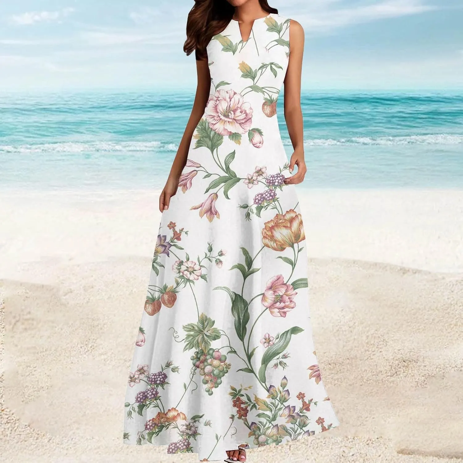 Women's MiniI Dresses Fashion Printed Long Skirt Casual Flower Sleeveless V Sundress Casual Maxi Tunic Tank Dress