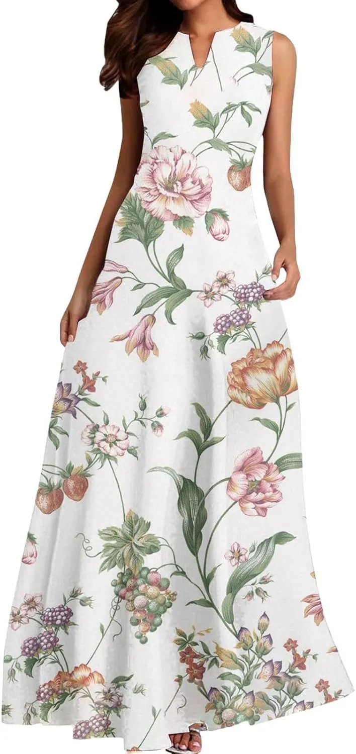 Women's MiniI Dresses Fashion Printed Long Skirt Casual Flower Sleeveless V Sundress Casual Maxi Tunic Tank Dress