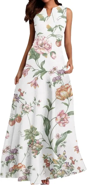 Women's MiniI Dresses Fashion Printed Long Skirt Casual Flower Sleeveless V Sundress Casual Maxi Tunic Tank Dress