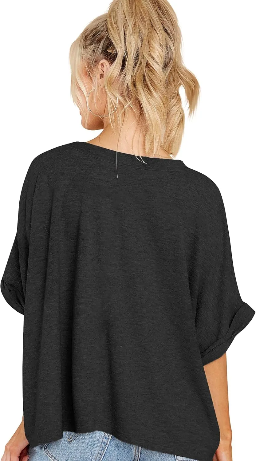 Womens Oversized Blouses Summer Casual T Shirts Loose Fit Tshirts Solid Short Sleeve Tops