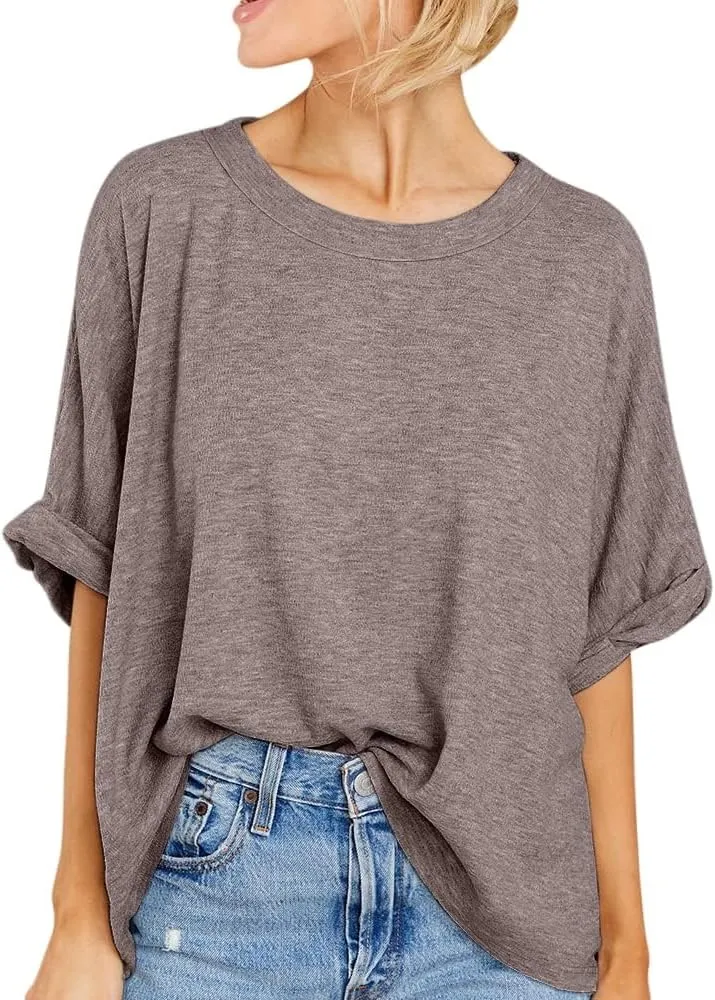 Womens Oversized Blouses Summer Casual T Shirts Loose Fit Tshirts Solid Short Sleeve Tops