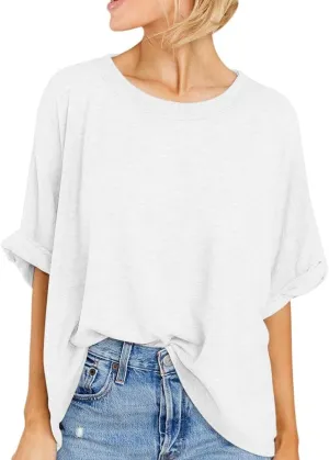 Womens Oversized Blouses Summer Casual T Shirts Loose Fit Tshirts Solid Short Sleeve Tops