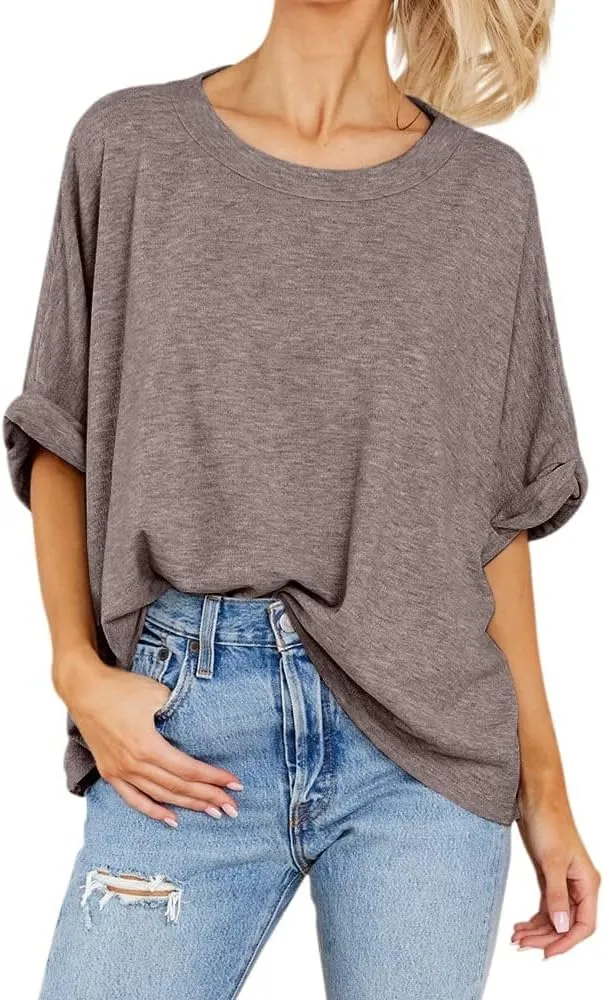 Womens Oversized Blouses Summer Casual T Shirts Loose Fit Tshirts Solid Short Sleeve Tops