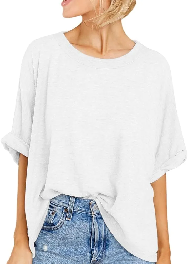 Womens Oversized Blouses Summer Casual T Shirts Loose Fit Tshirts Solid Short Sleeve Tops