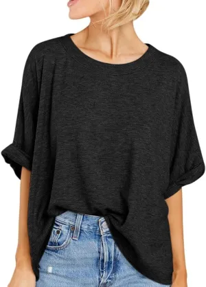 Womens Oversized Blouses Summer Casual T Shirts Loose Fit Tshirts Solid Short Sleeve Tops