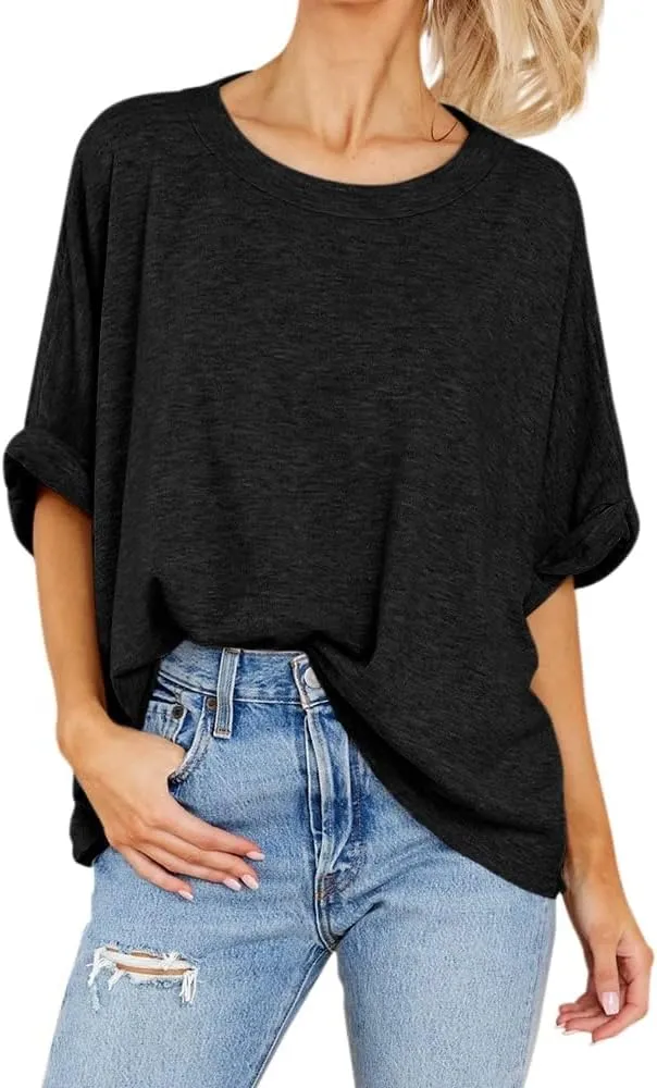 Womens Oversized Blouses Summer Casual T Shirts Loose Fit Tshirts Solid Short Sleeve Tops