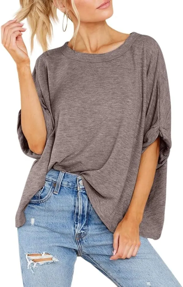 Womens Oversized Blouses Summer Casual T Shirts Loose Fit Tshirts Solid Short Sleeve Tops