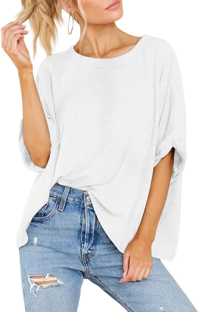 Womens Oversized Blouses Summer Casual T Shirts Loose Fit Tshirts Solid Short Sleeve Tops